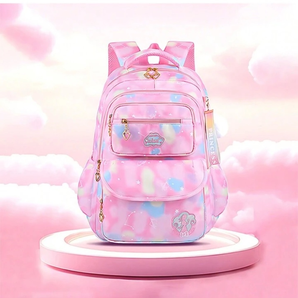 Whimsical Pink Cloud Backpack with Padded Straps and Lunch Bag